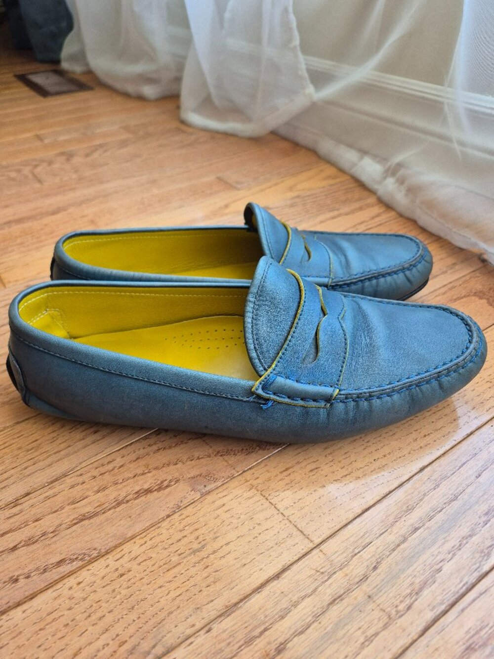 RALPH LAUREN Solid Blue Yellow Leather Drivers Loafers 10